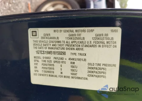 2001 GMC Sonoma Sls из США, поврежденный, VIN 1GTCS19W518150290